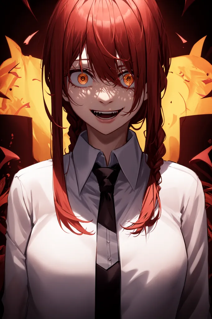 This is an image of a woman with long red hair and yellow eyes. She is wearing a white dress shirt and a black tie. The collar of the shirt is partially unbuttoned. She has a wide smile on her face and her teeth are showing. There are two red and yellow shapes resembling fire on either side of her head.