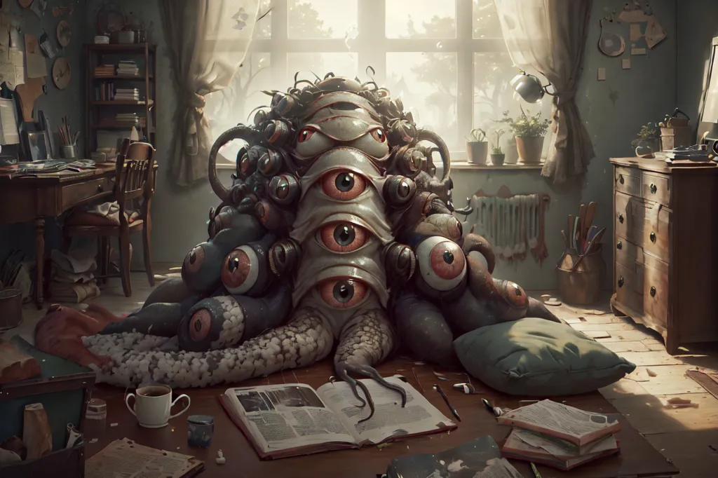 La imagen es una pintura digital de una habitación con una gran criatura similar a un pulpo en ella. La criatura está sentada en el piso frente a un escritorio y tiene sus tentáculos envueltos alrededor de un libro. El libro está abierto y hay una taza de café en el escritorio junto a él. La criatura tiene una boca grande y abierta, y sus ojos están muy abiertos y mirando fijamente. La habitación está oscura y sombría, y la única luz proviene de una ventana en el lado izquierdo de la habitación.