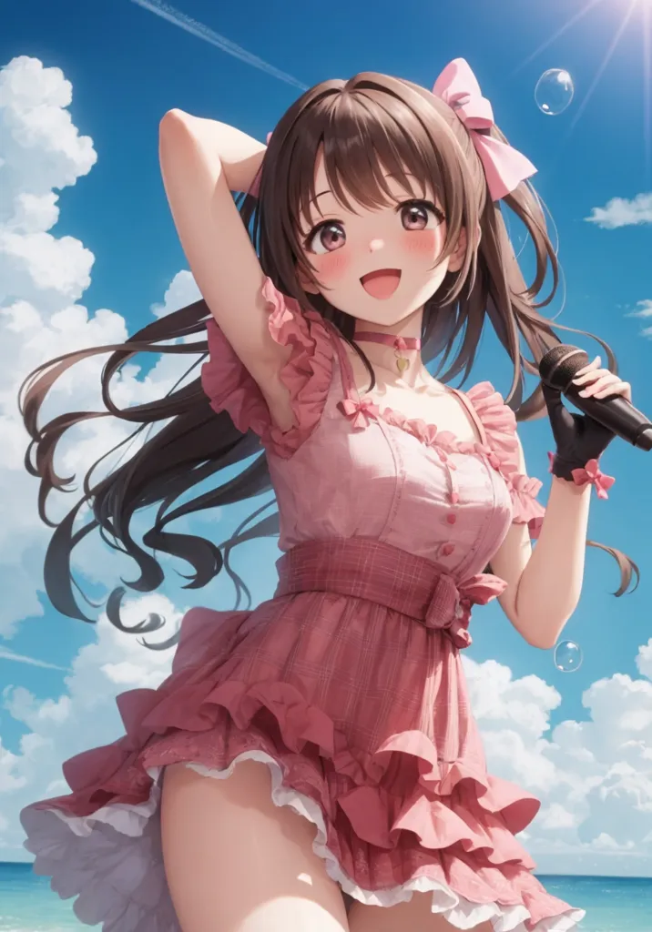 The image shows a young woman with long brown hair and brown eyes. She is wearing a pink dress with a white collar and a pink bow in her hair. She is also wearing a necklace with a heart-shaped pendant. She is standing on a beach with the ocean behind her and is holding a microphone in her right hand and has her left hand up in the air. She is smiling and looks happy. The sky is blue and there are white clouds in the background.