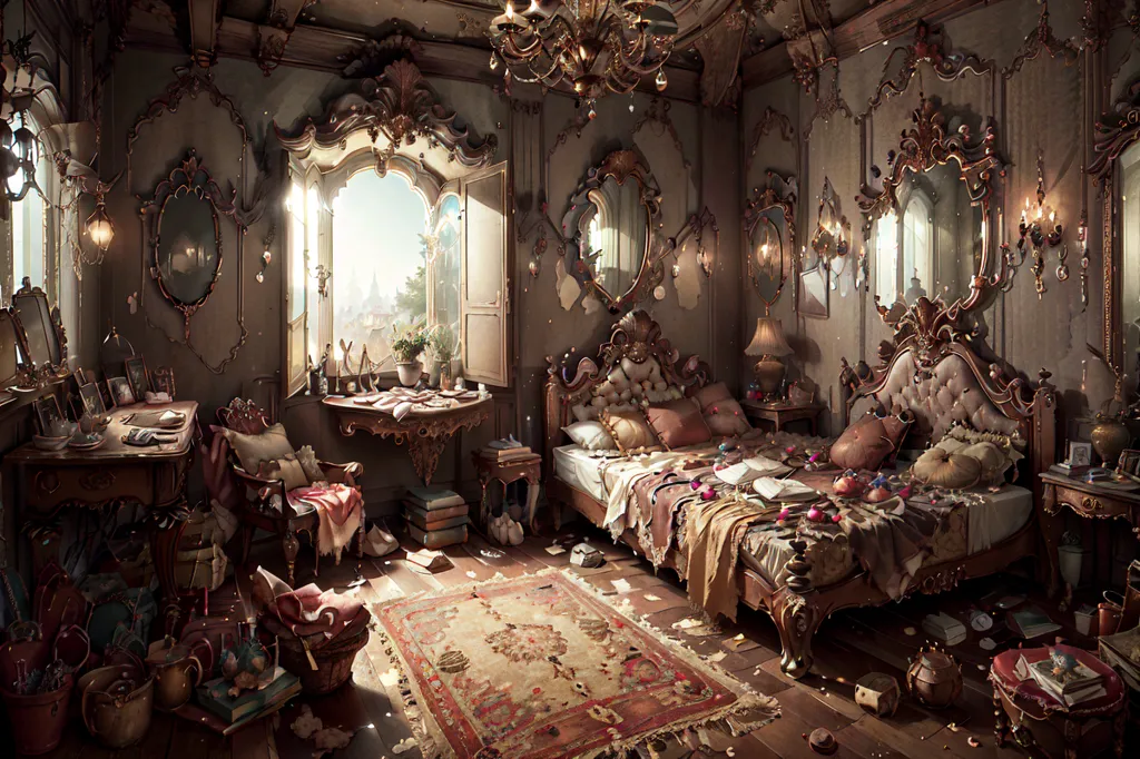 The image is a bedroom with a large bed, a few chairs, and a table. The bed is covered in pillows and blankets, and there are clothes and other items strewn around the room. The floor is covered in a thick layer of dust and cobwebs, and the walls are covered in old, faded wallpaper. The only light in the room is coming from a small window that is covered in cobwebs. The room is in a state of disrepair and has not been lived in for a long time.