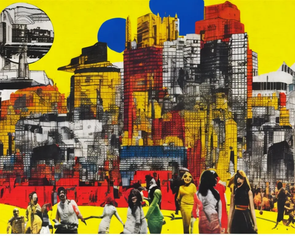 The image is a colorful and abstract depiction of a city. The painting is divided into three horizontal sections. The top section is a bright yellow background with a large blue circle in the center. The middle section is a cityscape with tall buildings and people walking around. The bottom section is a solid red background.

The buildings in the cityscape are all different shapes and sizes. They are mostly made up of geometric shapes, such as cubes and rectangles. The people in the cityscape are all wearing different clothes and are engaged in various activities, such as walking, talking, and playing.

The painting is full of bright colors, which gives it a cheerful and optimistic feel. The overall effect of the painting is one of movement and energy.