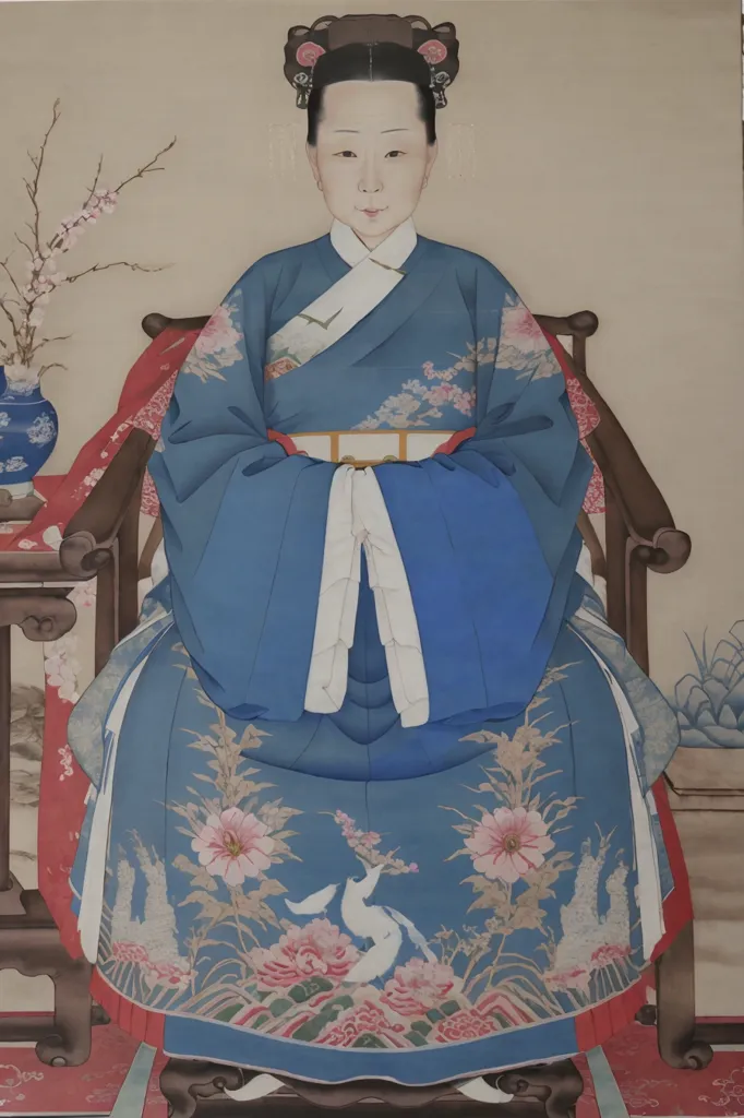 Voici un portrait d'une femme portant une robe bleue avec des motifs floraux roses et blancs. La robe a une bordure blanche autour du col et des poignets. La femme est assise sur une chaise avec un coussin rouge. Il y a une petite table à sa droite avec un vase en porcelaine bleu et blanc. L'arrière-plan est rose clair. La femme a les cheveux attachés en chignon et porte un couvre-chef blanc. Elle regarde le spectateur avec une expression sereine.