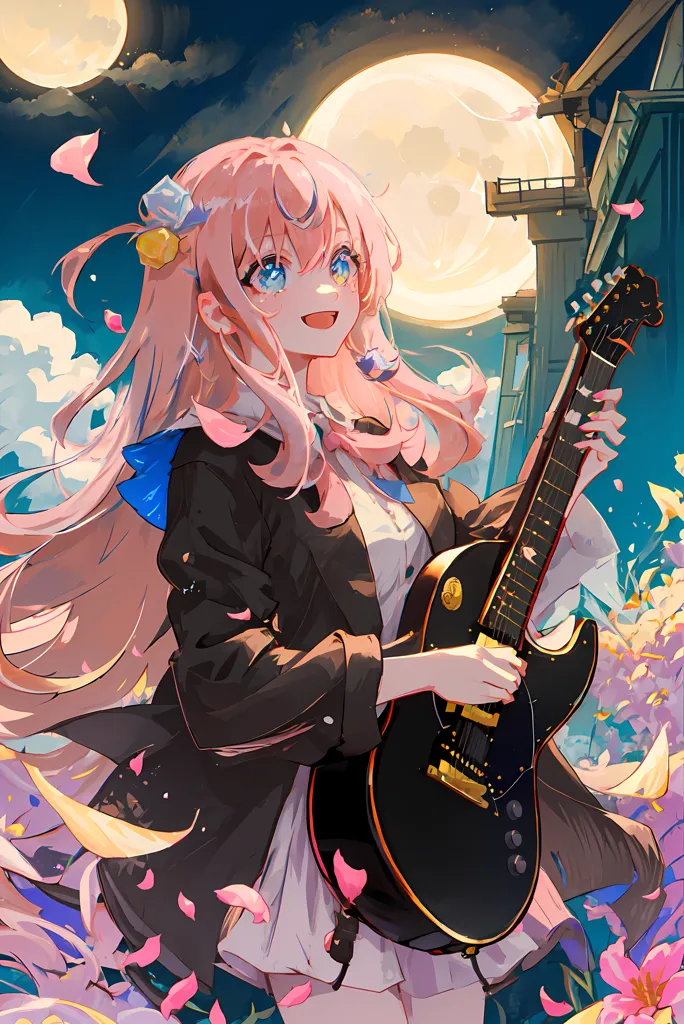 The image is of a young woman with pink hair and blue eyes. She is playing a black electric guitar. She is wearing a white shirt, a black jacket, and a blue bow in her hair. There are two moons in the background and a building on the right. The sky is dark and there are some clouds. There are also some flowers in the foreground. The woman is smiling and looks happy.