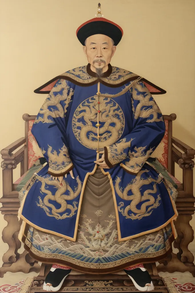 La imagen muestra un retrato del emperador Jiaqing con su vestimenta formal. Está sentado en una silla con un cojín rojo y viste una túnica azul con intrincados bordados de oro. La túnica presenta un diseño de dragones y nubes, y lleva un sombrero a juego con un borla roja. La expresión del emperador es severa y sus ojos miran directamente al espectador.