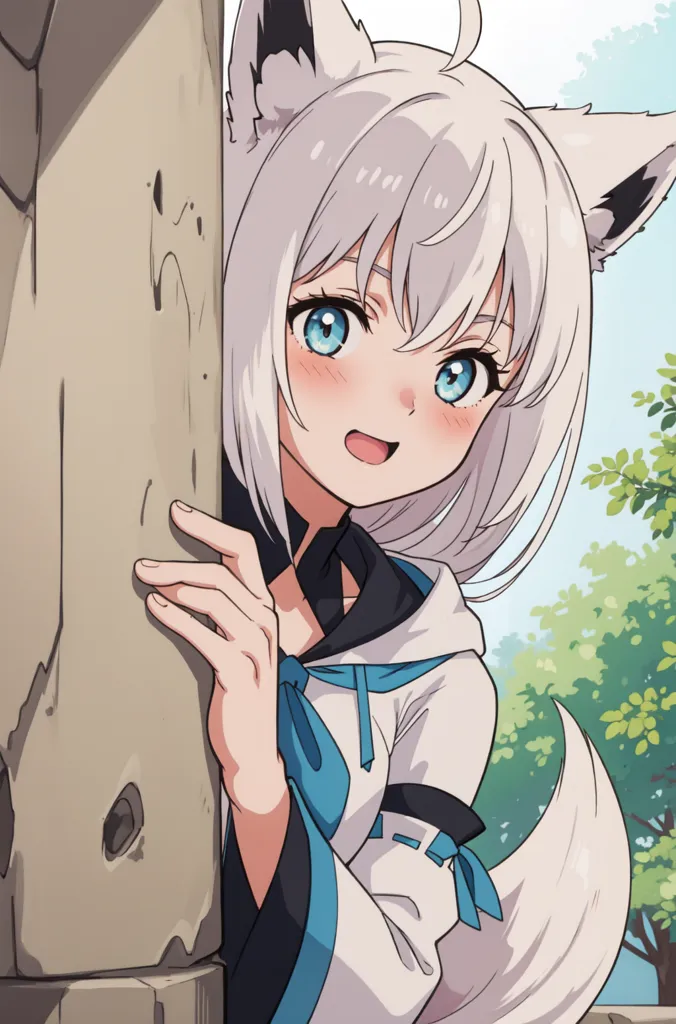 The image is of an anime-style girl with white hair and blue eyes. She has fox ears and a tail. She is wearing a white and blue outfit. She is peeking around a corner with a playful expression on her face.