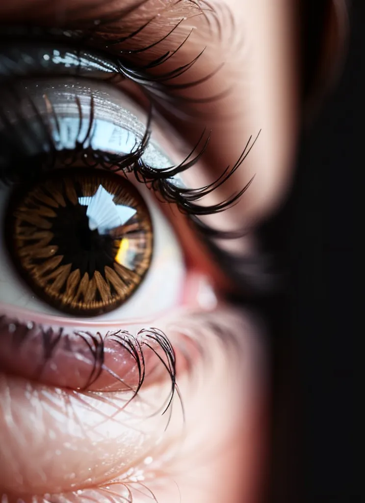 Gambar ini adalah close-up dari mata coklat. Mata tersebut melihat ke arah kanan dari penonton. Iris berwarna coklat tua dengan pola bintang berwarna coklat muda. Pupil berwarna hitam dan dikelilingi oleh limbus berwarna coklat muda. Sklera berwarna putih dan terlihat di bagian atas dan bawah mata. Bulu mata panjang, hitam, dan tebal. Mereka menggumpal di pangkal bulu mata. Kulit di sekitar mata berwarna coklat muda dan halus. Ada lipatan kecil di kelopak mata atas. Alis berwarna coklat tua dan terlihat di bagian atas gambar.