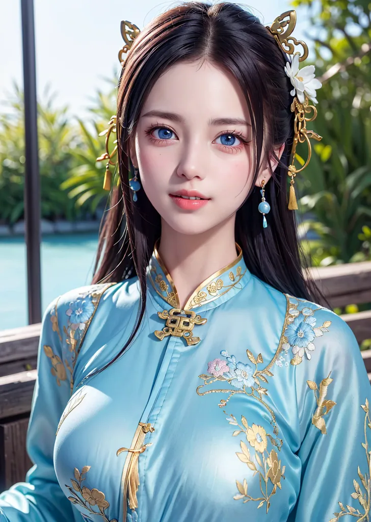 The image shows a beautiful young woman with long black hair and blue eyes. She is wearing a blue cheongsam with intricate floral embroidery and gold accents. The cheongsam has a high collar and a long slit on one side. The woman is also wearing traditional Chinese jewelry, including a pair of earrings, a necklace, and a hairpiece. She is standing in a lush garden with green plants and flowers in the background.