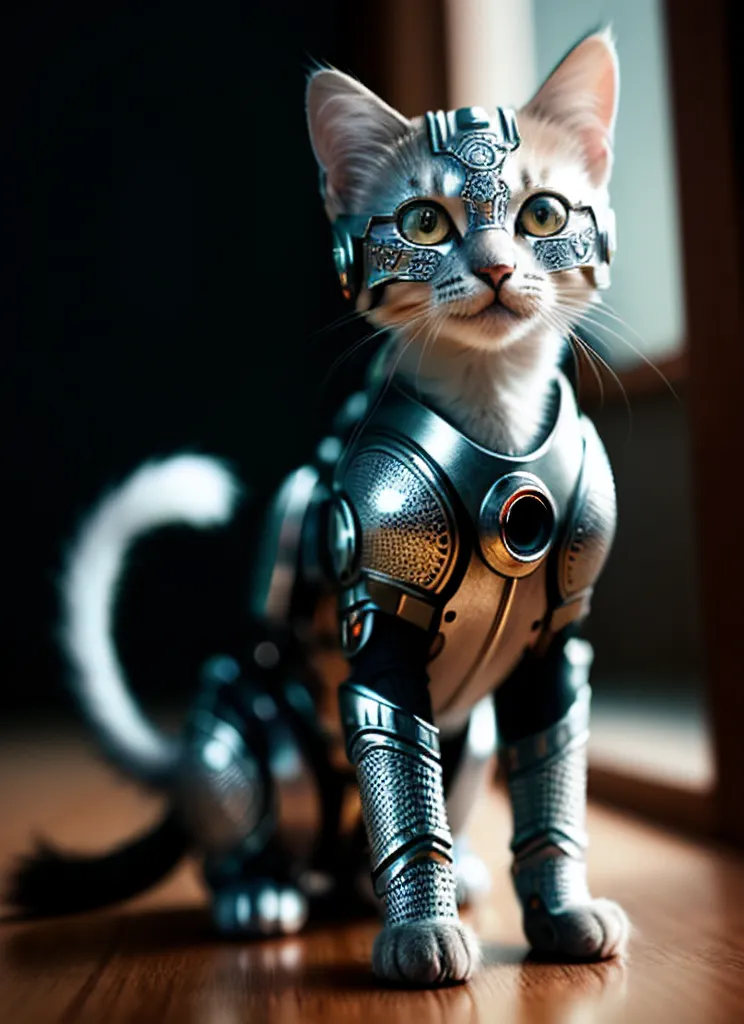 The image shows a cat wearing a suit of armor. The armor is made of metal and has a blue and silver color scheme. The cat is sitting on a wooden floor in front of a window. The window is covered in frost. The cat is looking at the camera with its green eyes.