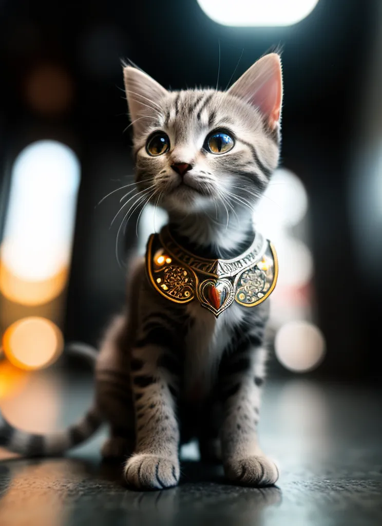 The image shows a small gray and white cat sitting on a table. The cat is wearing a golden collar with a red jewel in the center. The cat is looking up at the camera with its big green eyes. The background is blurry and has two warm-colored lights in the background.