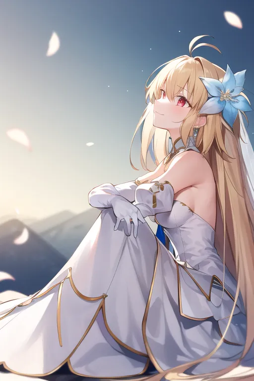 The image is of a beautiful anime girl with long blonde hair and red eyes. She is wearing a white wedding dress with a blue flower in her hair. She is sitting on a rock in the mountains, looking out at the view. The sky is blue and there are some white clouds in the distance. The girl is smiling and looks happy.