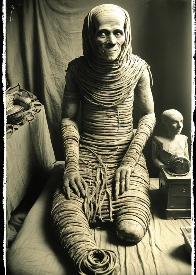 The image shows a mummy sitting on a table covered with a cloth. The mummy is wrapped in linen bandages and has a painted face. There is a small statue of a person with a large head and a box with a glass lid next to the mummy. The mummy's hands are crossed over its lap and its feet are crossed at the ankles. The background is a dark cloth.