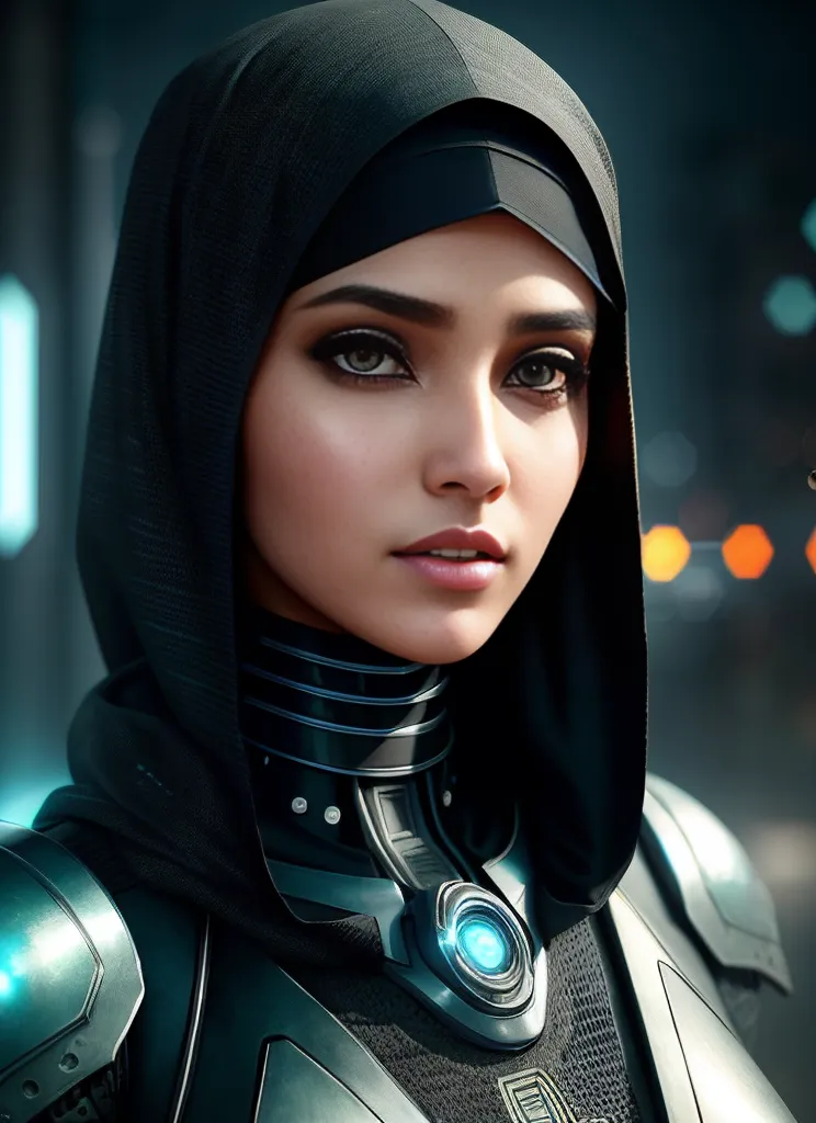 Esta é uma imagem de uma jovem mulher, que parece ser de ascendência do Oriente Médio, usando um hijab preto e uma armadura futurista. A armadura tem luzes azuis e ela olha para o observador com uma expressão séria. Ela está em pé em uma sala escura, com um fundo desfocado de luzes azuis e laranjas.