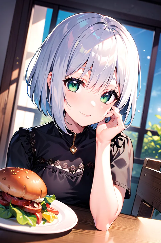 The image shows an anime-style girl with short white hair and green eyes. She is wearing a black dress with a white collar. She is sitting at a table with a plate of food in front of her. The food is a hamburger with lettuce, tomato, and onion. The girl has a happy expression on her face and is looking at the hamburger.