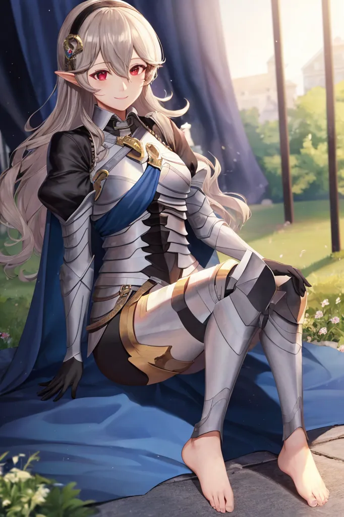 The image is of a young woman with long silver hair and red eyes. She is wearing a blue and silver armor and is sitting on a blue cloth. She has a gentle smile on her face and is looking at the viewer. There are some flowers and plants in the background.