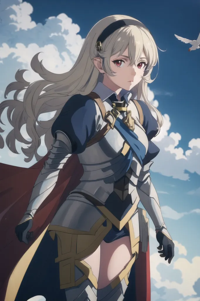 This is an image of a young woman with long, flowing blonde hair and red eyes. She is wearing a blue and white outfit with a white cape. She is also wearing a silver breastplate and a brown belt. She is standing in a field of flowers with a large tree in the background. There are also clouds and a bird in the sky.