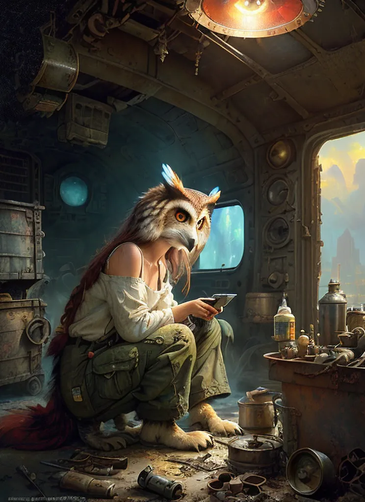 The image is a steampunk-themed painting of a woman with an owl's head. She is wearing a white blouse, brown pants, and a pair of goggles. She is sitting on the floor of a cluttered room, surrounded by various steampunk gadgets and machinery. There is a large window in the background of the room, which shows a view of a city.