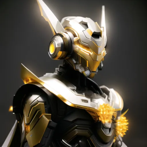 The image shows a humanoid robot with black and gold armor. The robot has a large, domed head with a V-shaped visor. The robot's chest is covered in a series of hexagonal plates, and its arms and legs are covered in segmented armor. The robot's feet are equipped with large, pointed toes. The robot is also equipped with a pair of wings, which are folded up behind its back. The robot is standing in a dark, nondescript room.