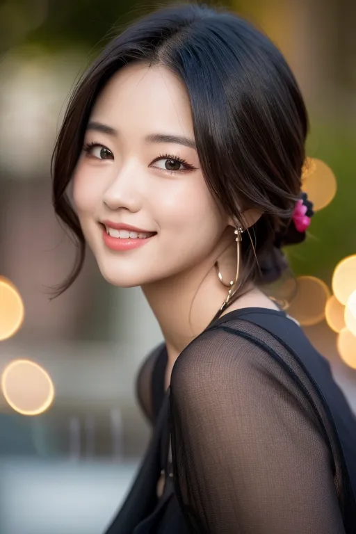 The image shows a young Asian woman with long black hair. She is wearing a black dress with a sheer top and has a pink flower in her hair. She is smiling and looking at the camera. The background is blurred with bokeh lights.