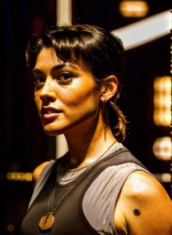 This is a picture of a young woman, who appears to be of mixed race, with short dark hair and brown eyes. She is wearing a dark colored tank top, and has a necklace with a pendant on it. She has a small tattoo on her right arm. She is looking to the right of the frame, with a serious expression on her face. The background is blurry, but appears to be a spaceship or other type of futuristic setting.