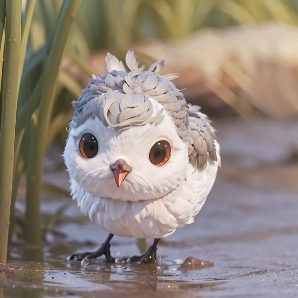 The image shows a baby sandpiper bird. It has light grey and white feathers, with a tuft of feathers on its head. Its beak is short and black, and its eyes are round and brown. It is standing in a shallow pool of water, surrounded by tall grass. The background is blurred, and the light is coming from the right side of the image.