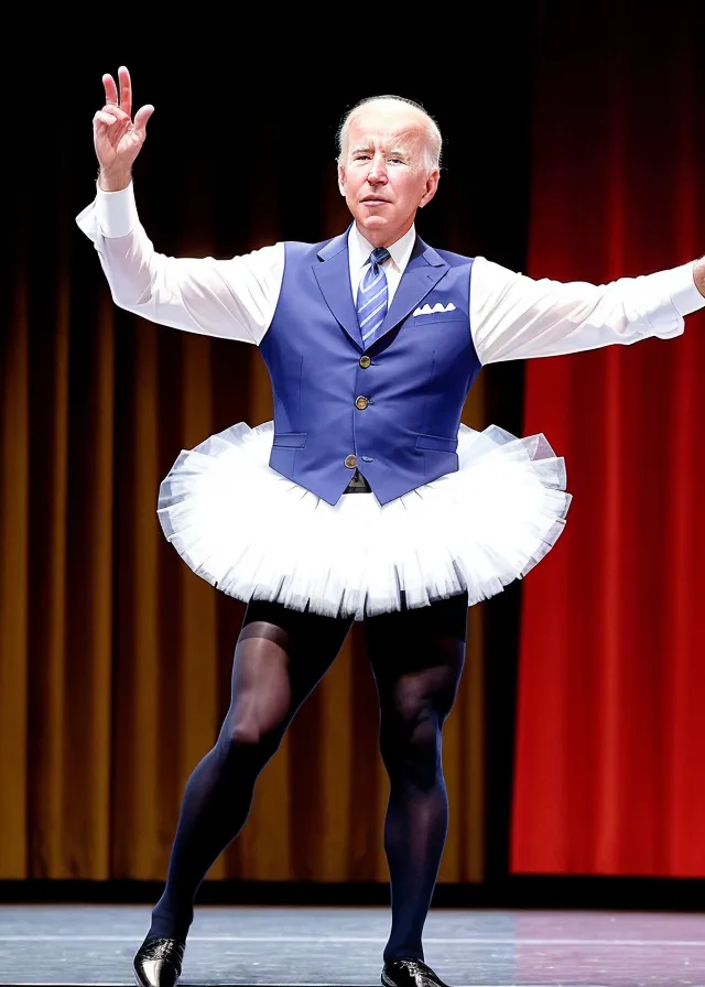 The image shows Joe Biden, the 46th president of the United States, in a ballerina tutu. He is wearing a white dress shirt, a blue suit vest, a blue tie, and black dress shoes. His hair is combed to the side and he has a slight smile on his face. He is standing on a stage with a red curtain in the background.