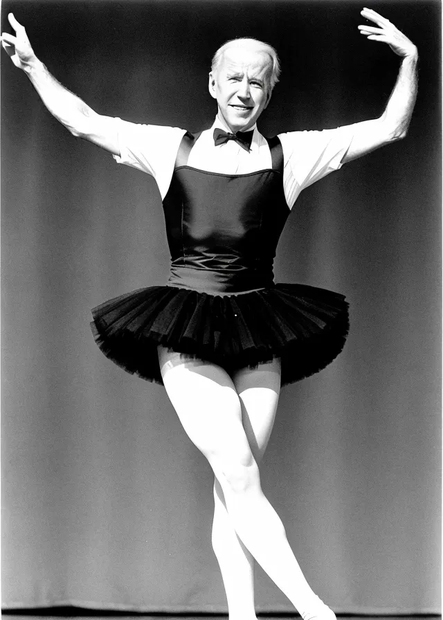 L'image montre une photo en noir et blanc de Joe Biden dans une pose de ballet. Il porte un justaucorps noir et un tutu blanc. Ses bras sont levés au-dessus de sa tête et ses jambes sont en deuxième position. Il porte un nœud papillon.