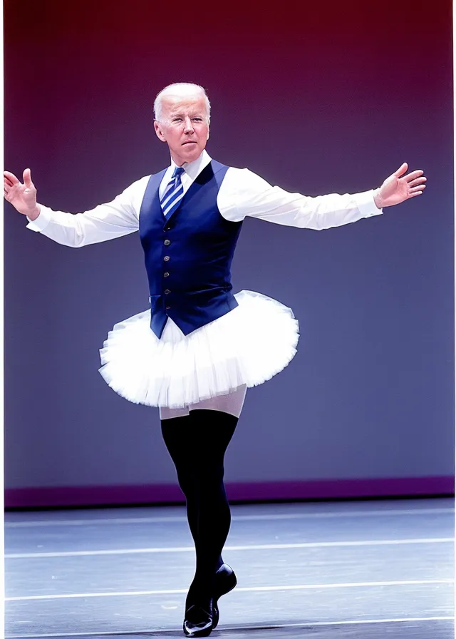 The image shows Joe Biden in a ballerina tutu. He is wearing a white dress shirt, a blue vest, and a white tutu. He is also wearing black ballet flats. His arms are outstretched to the sides, and he is standing on one leg. The background is a deep pink color.