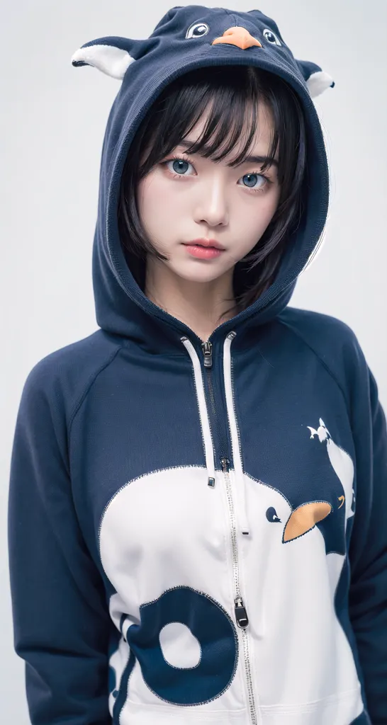 A young woman is wearing a penguin hoodie. The hoodie is blue and white with a penguin face on the front. The woman has dark hair and blue eyes. She is looking at the camera with a serious expression.