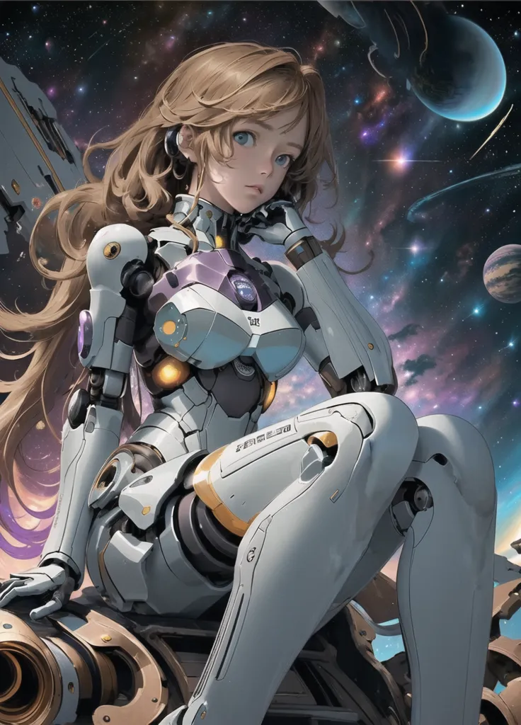 The image is of a beautiful anime girl with long blonde hair and blue eyes. She is wearing a white and gray bodysuit with a purple gem in the center. She is also wearing a pair of headphones. She is sitting on a large gun in space with planets and stars in the background.