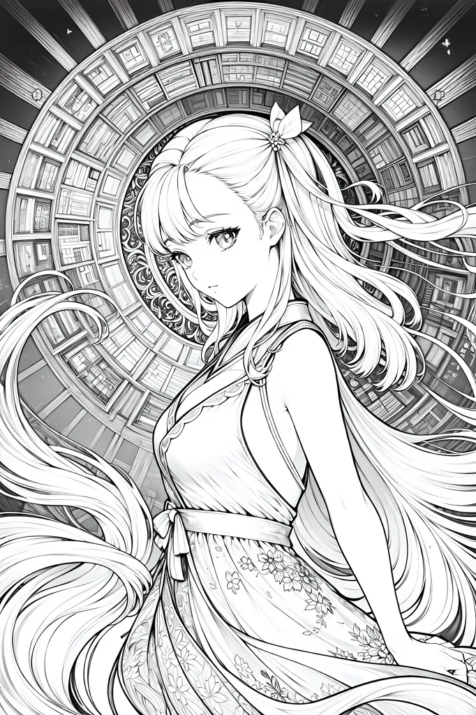 The image is a black and white line drawing of a young woman with long, flowing hair standing in front of a large, circular bookshelf. The woman is wearing a sleeveless dress with a floral pattern. The bookshelf is filled with books and has a large, ornate frame around it. The woman has her left hand on her hip and is looking at the viewer with a serious expression.