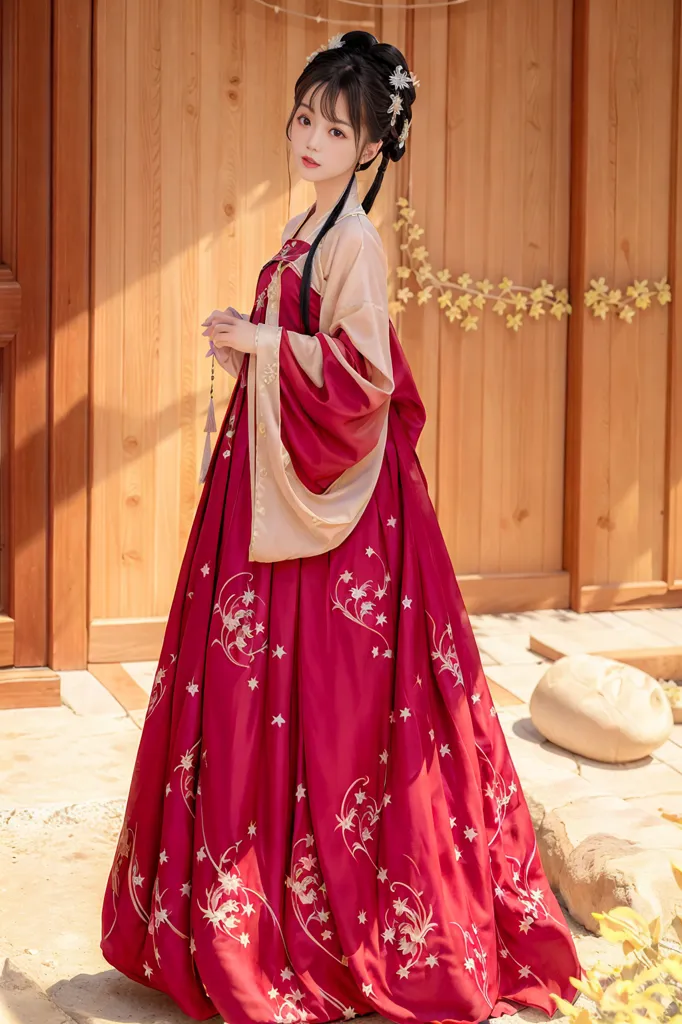 The image shows a young woman wearing a red and gold hanfu, a traditional Chinese dress. The hanfu is made of a red fabric with gold embroidery. The woman's hair is done up in a bun and she is wearing traditional Chinese makeup.