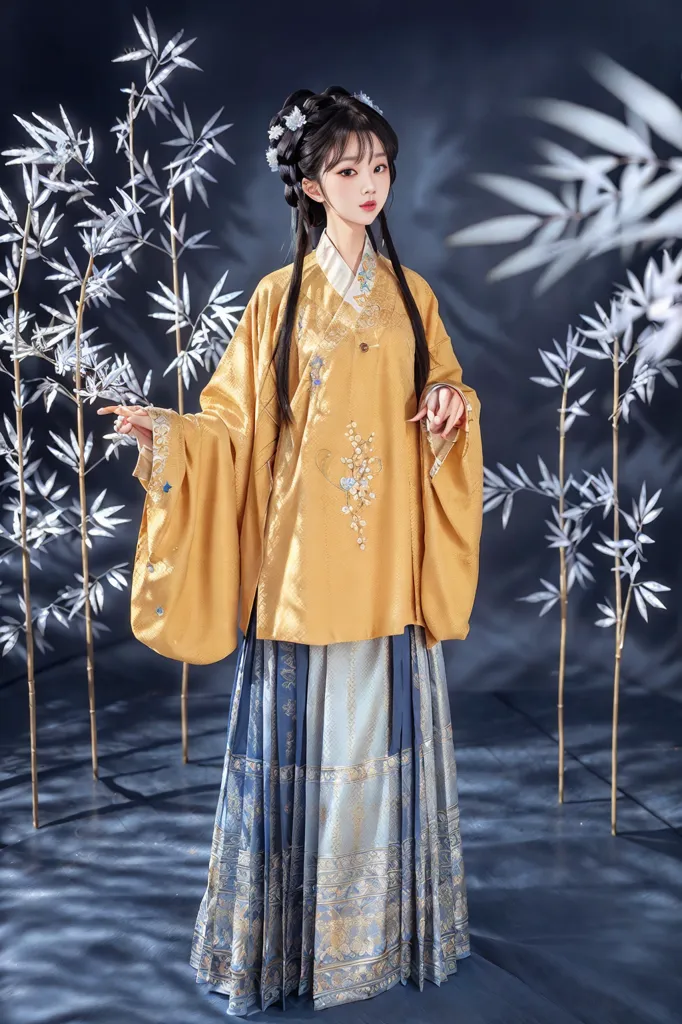 The image shows a young woman wearing a traditional Chinese hanfu. The hanfu is yellow with blue and white accents. The woman has her hair in a bun and is wearing traditional Chinese makeup. She is standing in a bamboo forest.