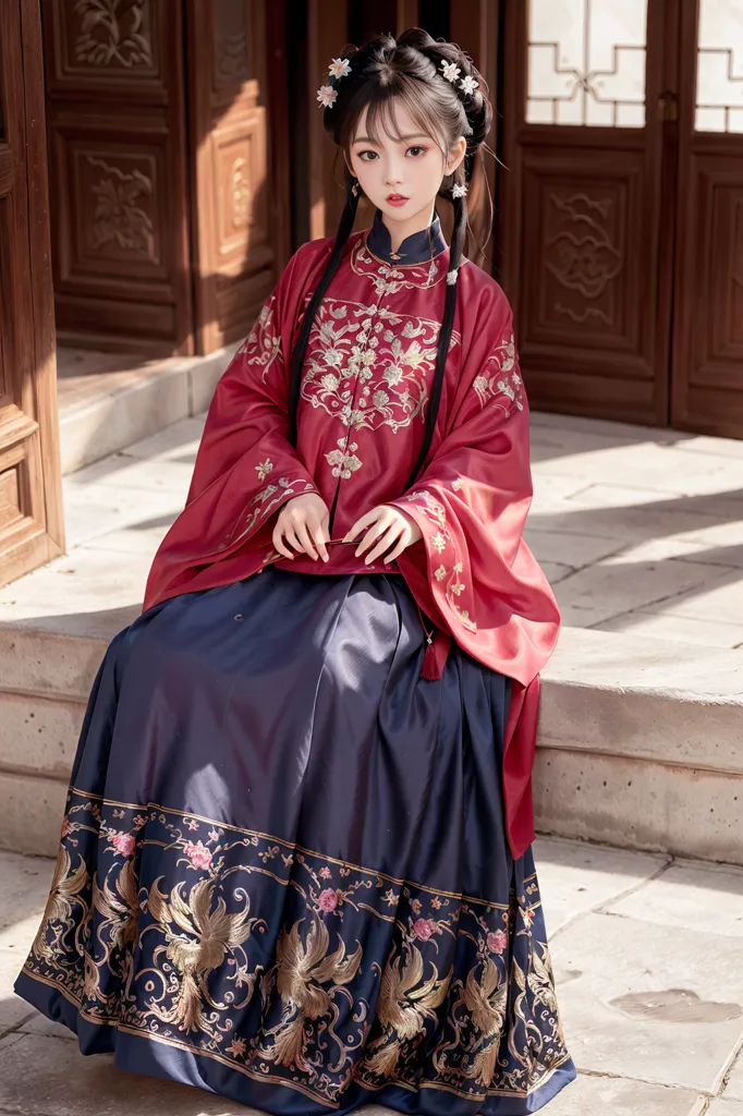 La imagen muestra a una mujer joven con un vestido tradicional chino, o Hanfu. El vestido es rojo y azul con bordados intrincados. El cabello de la mujer está recogido en un moño y lleva accesorios tradicionales chinos para el cabello. Está sentada en un escalón de piedra frente a un edificio tradicional chino.