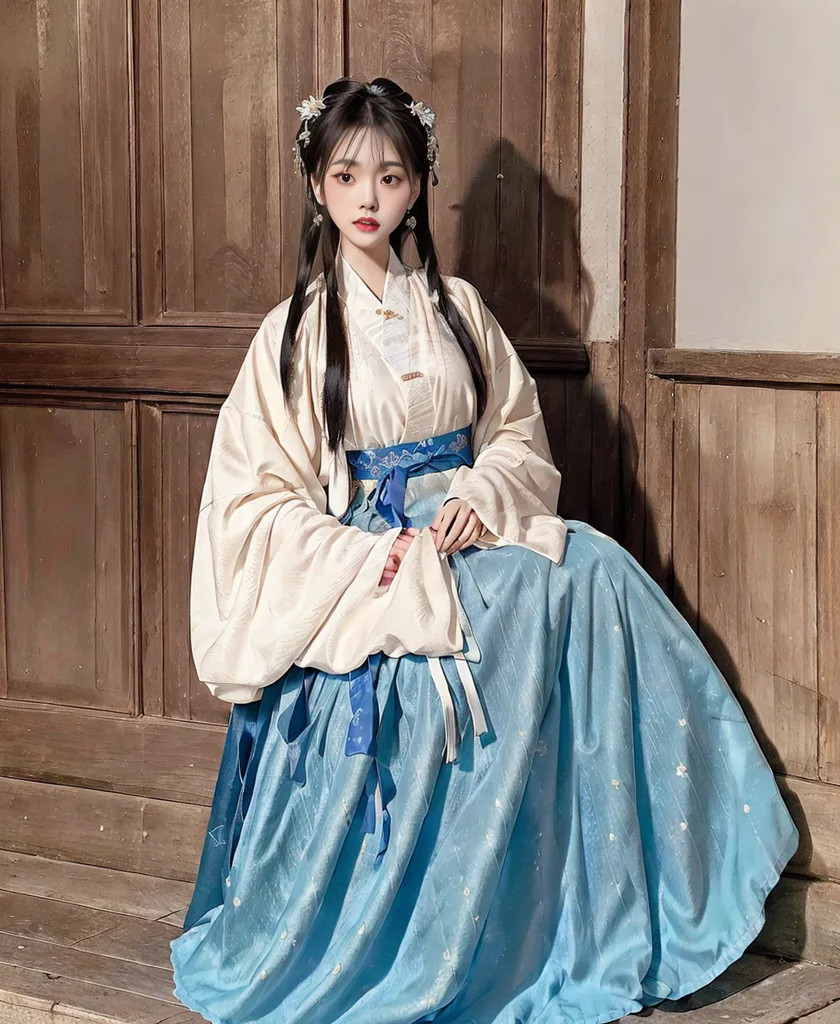 The image shows a young woman wearing a traditional Chinese Hanfu dress. The dress is white and blue, with a long skirt and a wide belt. The woman's hair is long and black, and she is wearing a white flower in her hair. She is sitting on a wooden bench, and there is a wooden door behind her.