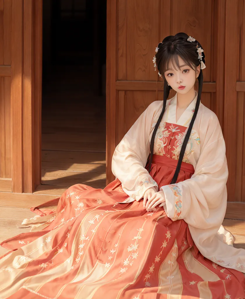 La imagen muestra a una mujer joven con un vestido tradicional chino, o Hanfu. El vestido es de color naranja y blanco con bordados florales intrincados. La mujer está sentada en el suelo con las manos cruzadas en el regazo. Su cabello es largo y negro, y lleva un peinado tradicional chino con un accesorio para el cabello. El fondo es una puerta de madera con un piso de madera marrón.