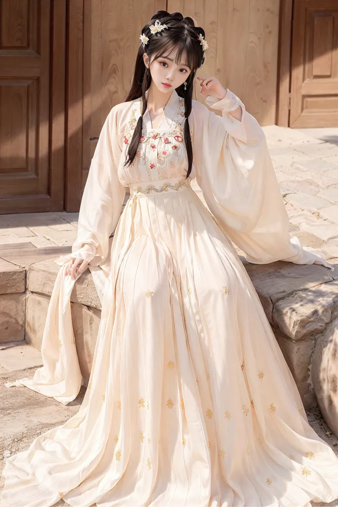 The image shows a young woman wearing a traditional Chinese dress called a Hanfu. The dress is white with intricate red and gold embroidery. The woman has long black hair and is wearing a white headdress with red flowers. She is sitting on a stone bench in a garden.