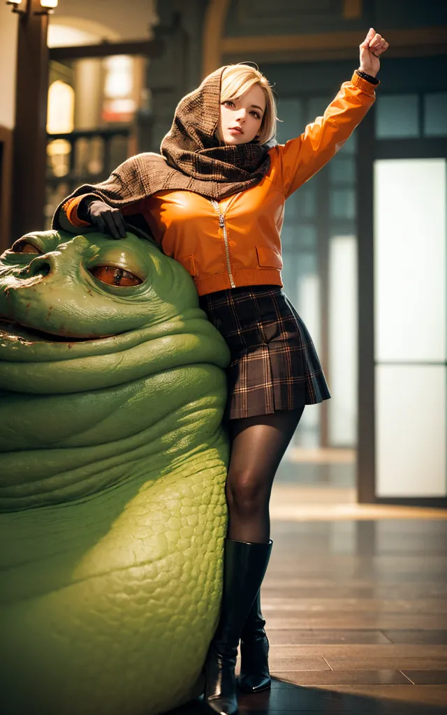 The image shows a woman standing next to a large green alien creature. The woman is wearing a brown scarf, an orange jacket, a gray skirt, and black boots. She has her left hand on the alien's shoulder and her right arm raised in the air. The alien has its left hand on the woman's waist and its right hand raised in the air. Both the woman and the alien are looking at each other. The background is a blurred image of a city.