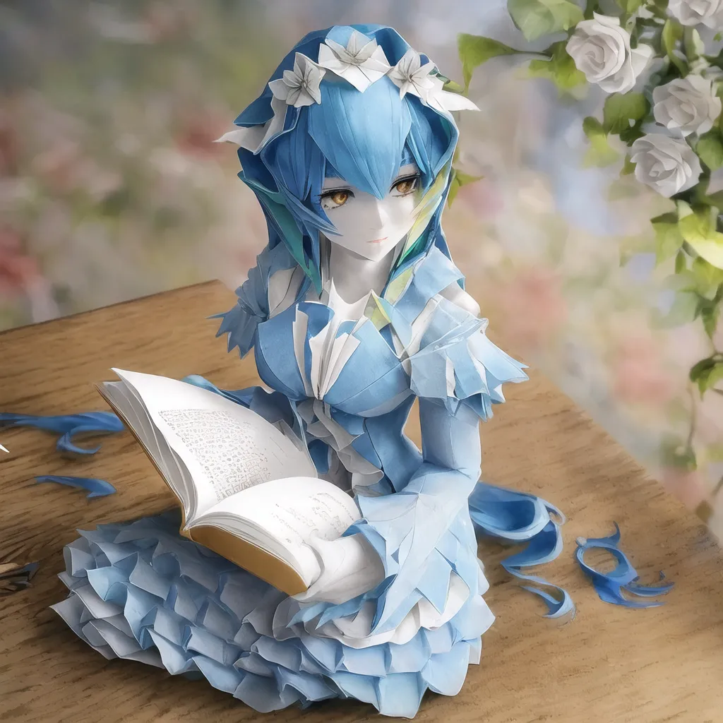 A imagem é uma renderização 3D de uma garota em estilo anime. Ela está sentada em uma mesa, lendo um livro. Ela está usando um vestido azul com flores brancas em seu cabelo. Seu cabelo é longo e azul, e seus olhos são amarelos. O fundo é uma imagem desfocada de uma floresta.