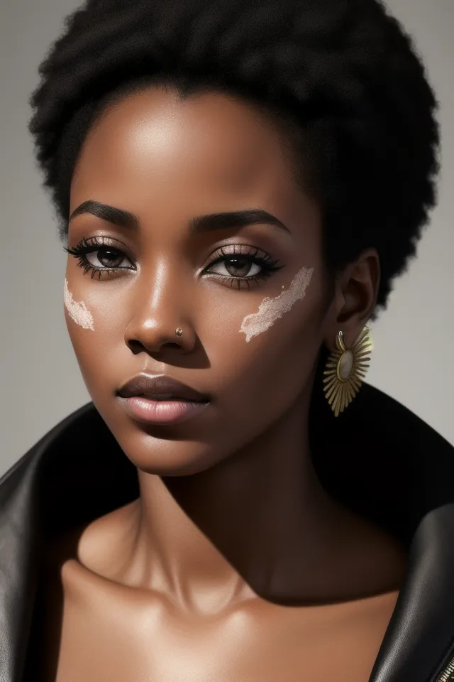 The image is a portrait of a young African woman with short black hair. She is wearing a black leather jacket and has a gold earring in her left ear. Her face is painted with white stripes on her cheeks and around her eyes.