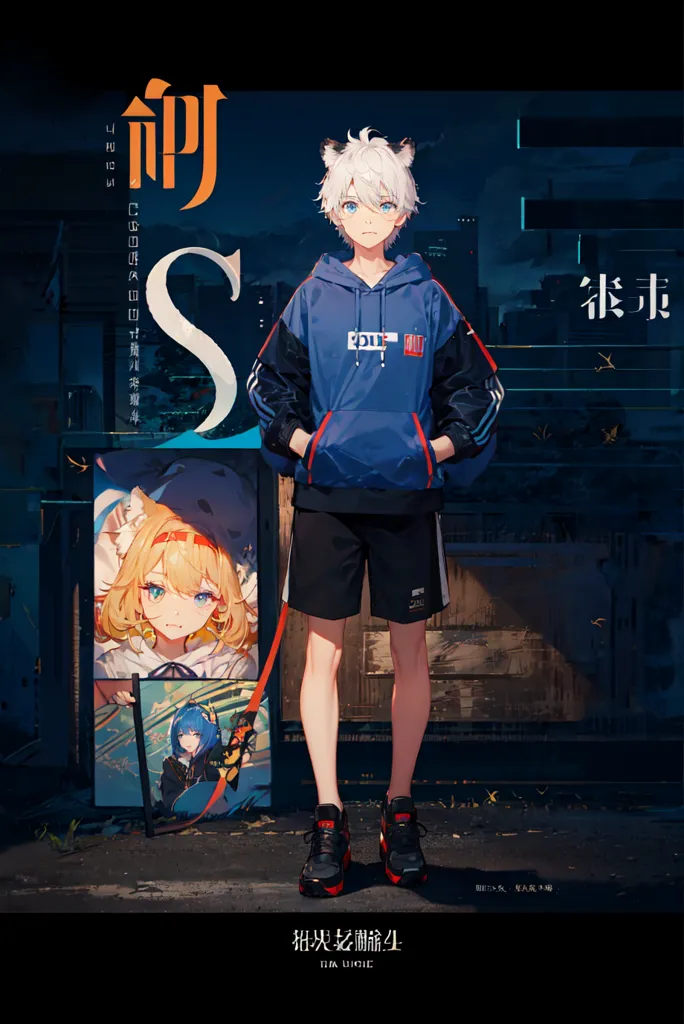 This is an illustration of a young man with white hair and blue eyes. He is wearing a blue and black hoodie, black shorts, and black sneakers with red soles. He is standing in front of a dark background with a city skyline in the distance. There is a poster on the wall behind him with a picture of a girl with long blond hair and blue eyes. The poster says "S" on it.