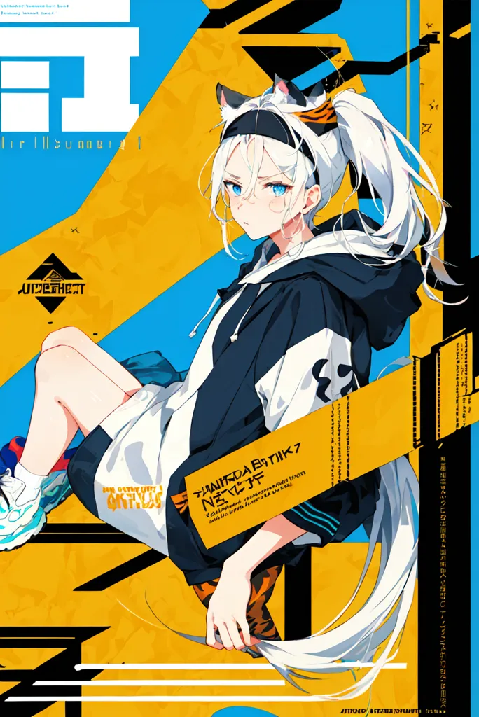 The image is of a young woman with white hair and blue eyes. She is wearing a black and yellow hoodie, white shorts, and white sneakers. She has a tiger tail and cat ears. She is sitting on a yellow background with a blue and black stripe in the foreground. There is a large yellow circle behind her head with a black border. The image is drawn in a semi-realistic style and the woman's expression is serious.