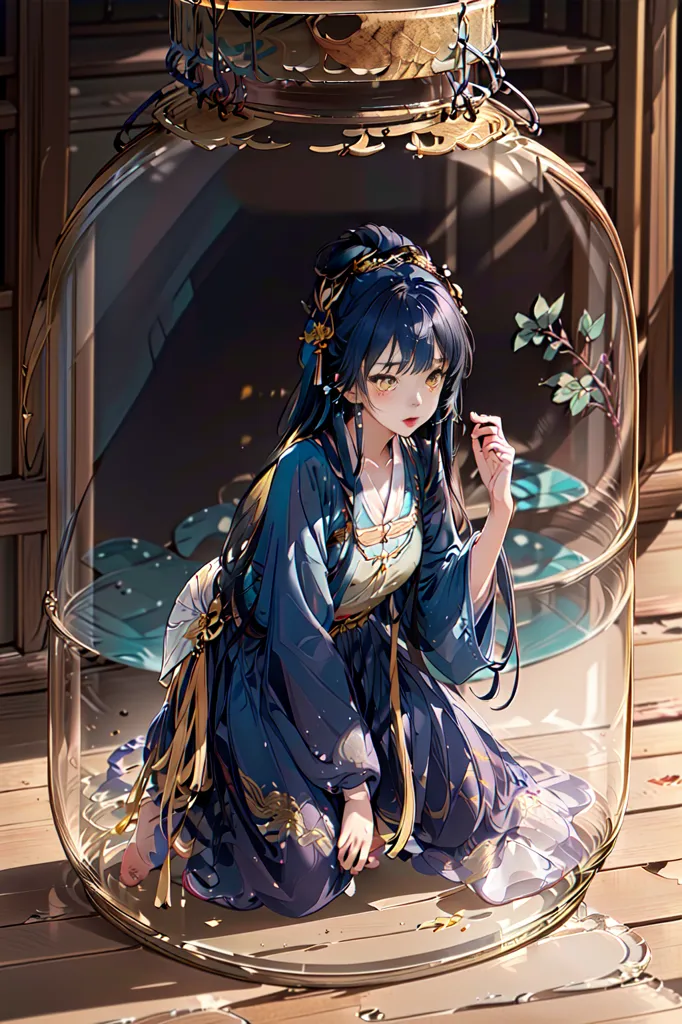 The image shows a beautiful girl with long black hair wearing a blue and purple kimono with gold accents. She is sitting on a wooden floor inside a large glass jar. The jar is sitting on a wooden table or counter. There is a small amount of water at the bottom of the jar. The girl is looking at the viewer with a curious expression on her face.