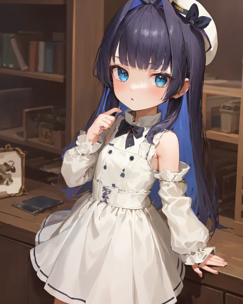 The image shows a young girl with long dark blue hair and blue eyes. She is wearing a white dress with a blue sash and a white hat with a blue ribbon. She is standing in a library, surrounded by bookshelves. The girl is looking at the viewer with a curious expression on her face.