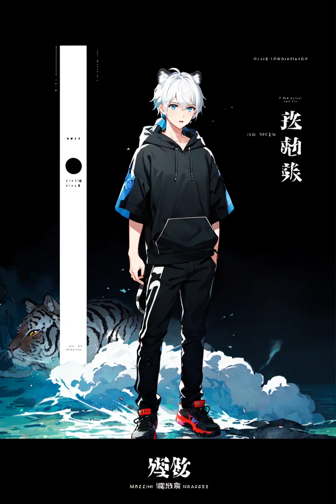 The image is of a young man with white hair and blue eyes. He is wearing a black hoodie and black pants with red and blue accents. He is standing in front of a dark background with a white tiger behind him. The man has a serious expression on his face.