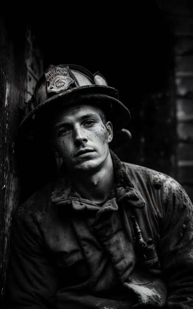 The image is a black and white portrait of a firefighter. He is wearing a firefighter's helmet and a turnout coat. His face is dirty and sweaty, and he has a determined expression on his face. He is standing in front of a dark background, and the light from the fire is reflecting off of his helmet and coat. The image is a powerful and moving tribute to the bravery and dedication of firefighters.