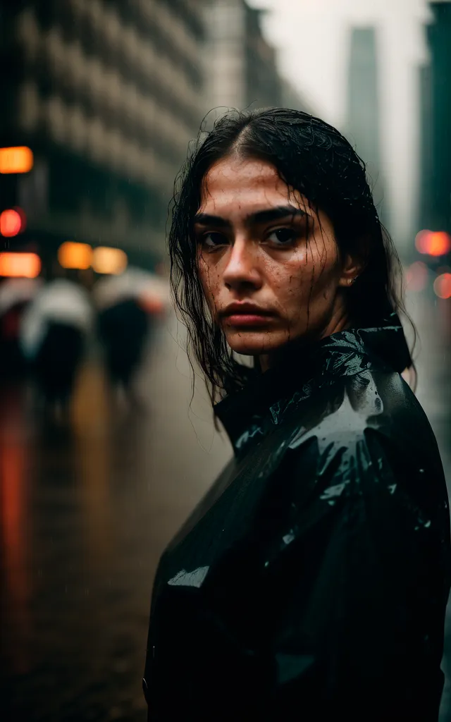 A young woman with long, dark hair is standing in the rain. She is wearing a black raincoat and looking at the camera with a serious expression. The background is blurred, with the lights of the city reflecting off the wet pavement.