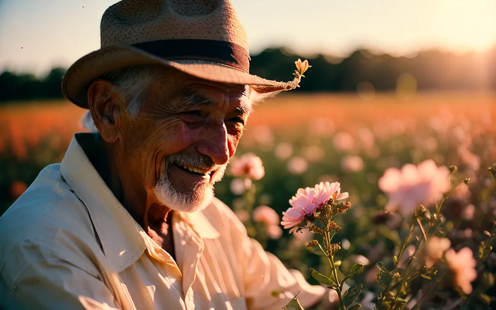 Um homem idoso usando um chapéu de palha está sorrindo enquanto cheira uma flor rosa em um campo de flores. Ele está usando uma camisa branca e o sol está lançando um brilho quente sobre a cena.