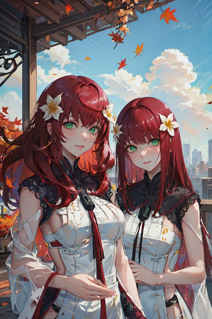 This image is of two anime-style girls with long red hair and green eyes. They are both wearing white dresses with black and red accents. The girls are standing in a garden with a city in the background. There are autumn leaves falling around them.