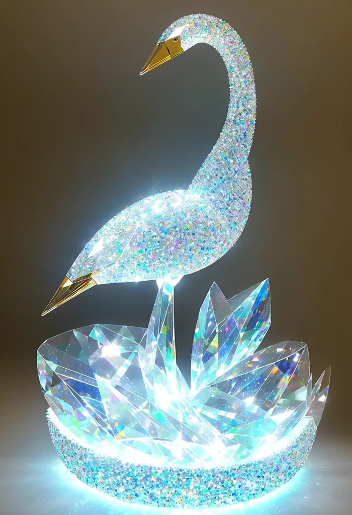 A imagem é de um cisne feito de cristais azuis e brancos. O cisne está em pé sobre uma flor de lótus feita de cristais transparentes. O cisne tem um bico dourado e uma coroa dourada. O cisne está em pé sobre uma plataforma redonda que também é feita de cristais transparentes. A plataforma é iluminada por baixo por uma luz azul. O cisne está rodeado por um fundo azul escuro.