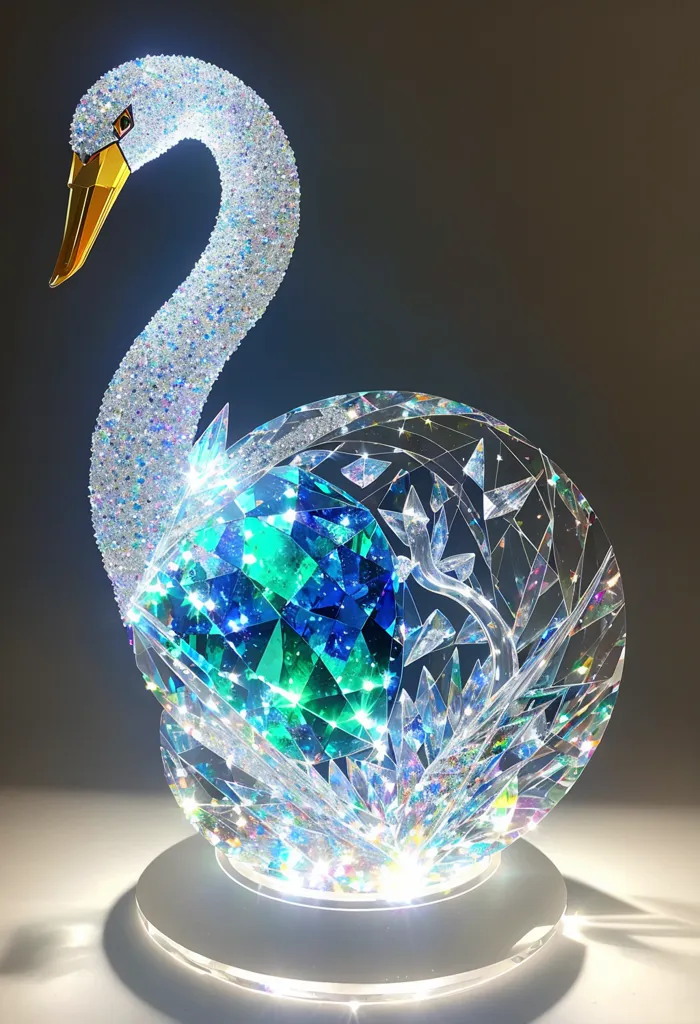 La imagen contiene un cisne de cristal con un pico dorado. El cisne está mirando hacia la izquierda de la imagen. El cuerpo y la cabeza del cisne están cubiertos de pequeños cristales que brillan a la luz. Las alas del cisne están extendidas y sus plumas de la cola están enrolladas. El cisne está parado sobre un pedestal de cristal transparente. Hay un gran diamante azul-verde frente al cisne. El diamante está rodeado de cristales transparentes. El cisne y el diamante están sobre una superficie reflectante. El fondo de la imagen es negro.